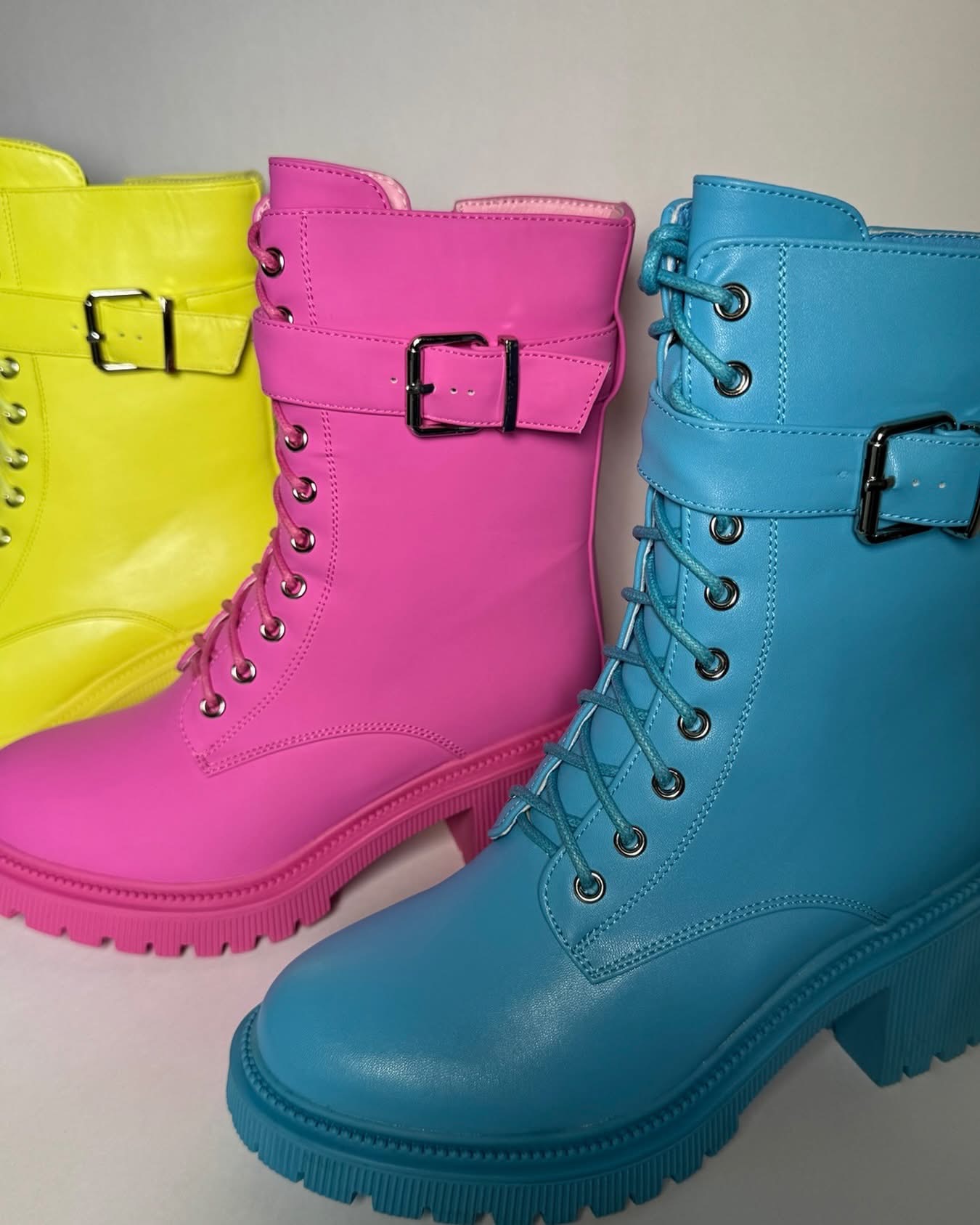 Karnival Trez combat boots in neon yellow, pink and blue